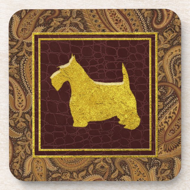 Dessous-de-verre Gold Scottish Terrier Paisley and Leather Patterns (Devant)