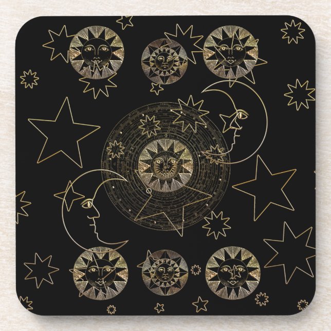 Dessous-de-verre Golden Sun Moon Stars Celestial Astronomy art (Devant)