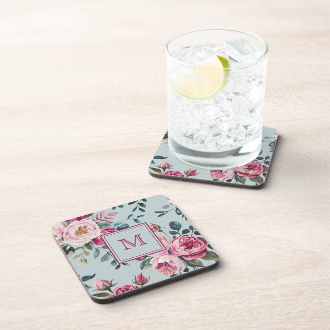 Dessous-de-verre Grandmillennial Rose Poussiéreuse Floral Monogramm (Côté Droit)