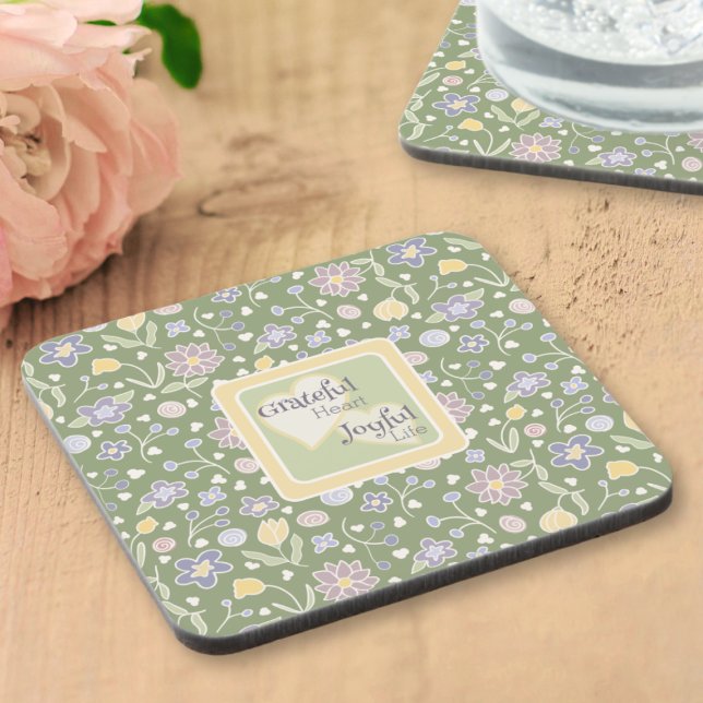 Dessous-de-verre Grateful Heart Joyful Life Floral Coaster Set (Grateful Heart Joyful Life Floral Coaster Set – Cottagecore Green)
