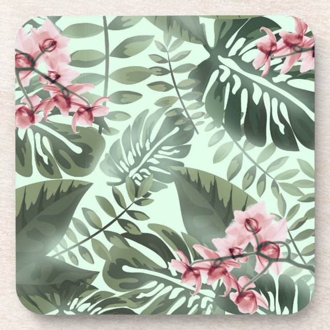Dessous-de-verre Green Jungle Print and Orchids Plastic Coaster Set (Devant)