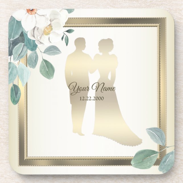 Dessous-de-verre Green Leaves Flower Golden Frame Wedding Party (Devant)