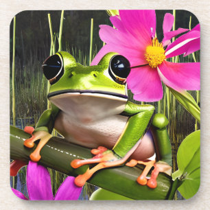 Dessous-de-verre Grenouille mignonne sur une branche de fleurs rose