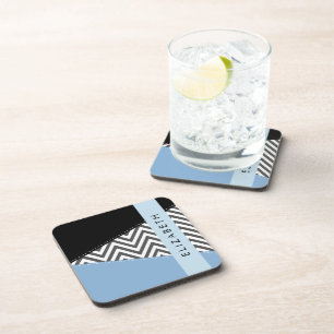 Dessous-de-verre Grey Zigzag, Grey Chevron, Bleu, Votre Nom