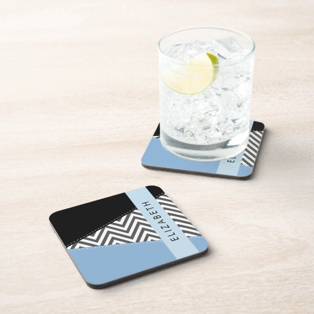 Dessous-de-verre Grey Zigzag, Grey Chevron, Bleu, Votre Nom (Côté Droit)