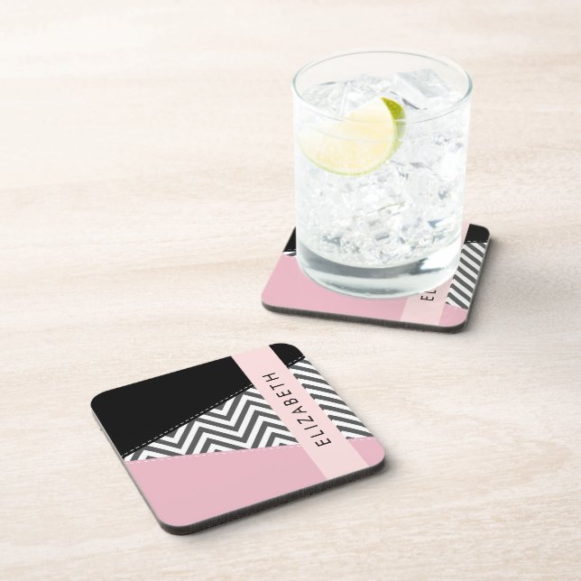 Dessous-de-verre Grey Zigzag, Grey Chevron, Rose, Votre Nom (Côté Droit)