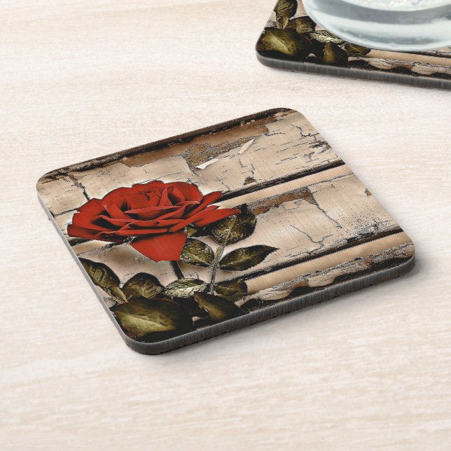 Dessous-de-verre Grunge Distressed Barne Bois Rustique Rose rouge (Côté gauche)