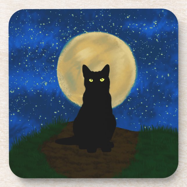 Dessous-de-verre Halloween Chat noir Silhouette Lune (Devant)