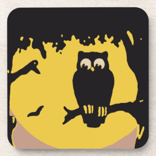 Dessous-de-verre Halloween vintage, hibou effrayant dans l'arbre av