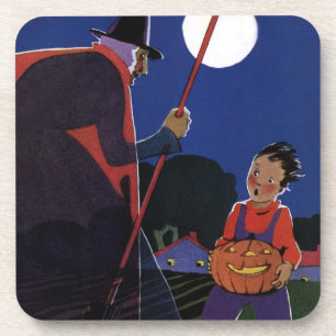 Dessous-de-verre Halloween vintage, sorcière effrayante avec garçon