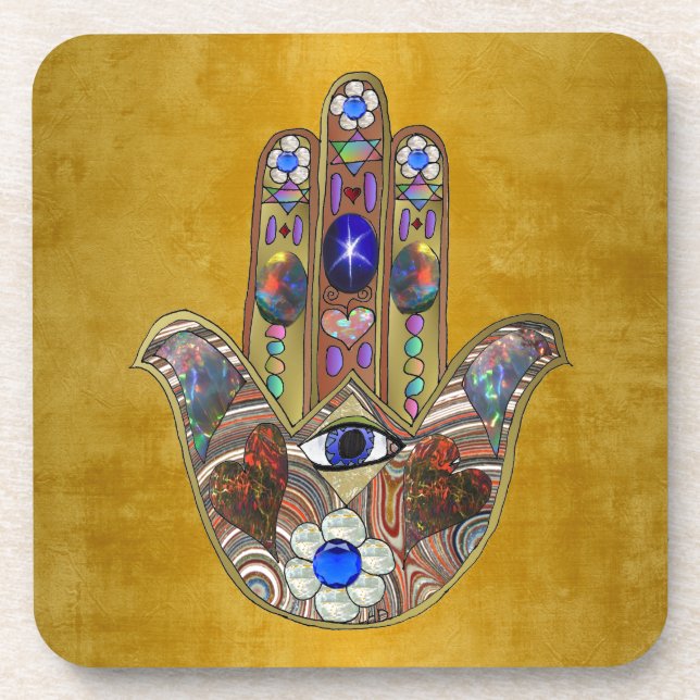 Dessous-de-verre Hamsa Coeurs Fleurs Opal Art sur Or (Devant)