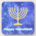 Dessous-de-verre Hanukkah Snowstorm Menorah<br><div class="desc">A glowing gold Hanukkah menorah and text reading "Happy Hanukkah" in glowing blue and white superimposed on a blue and white fractal image reminiscent of snowflakes in a storm. Chag Sameach!</div>