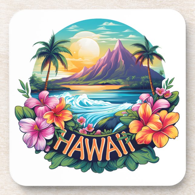 Dessous-de-verre Hawaii Aloha Tropical Beach Mountains Voyage (Devant)