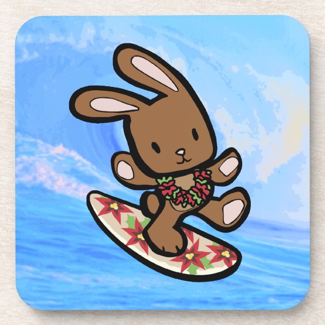 Dessous-de-verre Hawaiian Surfing Bunny Cartoon de vacances (Devant)