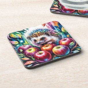 Dessous-de-verre Hérisson aquarelle vibrant avec des pommes d'autom
