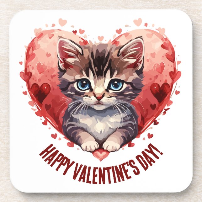 Dessous-de-verre Heureuse Sainte-Valentin Little Kitten avec coeur (Devant)