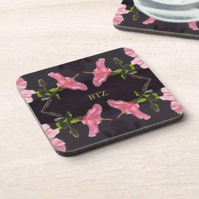 Dessous-de-verre Hibiscus rose sur fond noir (Côté gauche)