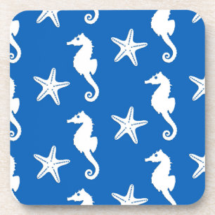 Dessous-de-verre Hippocampe et étoile de mer - blanc sur bleu de co