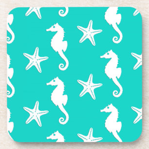 Dessous-de-verre Hippocampe et étoile de mer - blanc sur turquoise