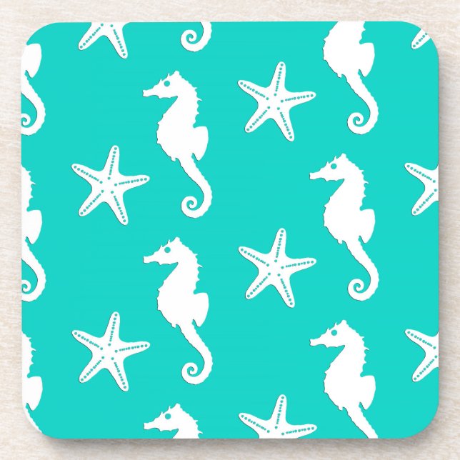 Dessous-de-verre Hippocampe et étoile de mer - blanc sur turquoise (Devant)