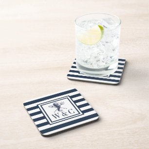 Dessous-de-verre Hippocampe nautique à monogramme rayure bleu marin