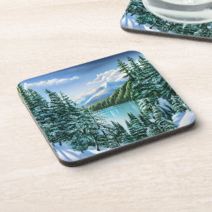 Dessous-de-verre Hiver Mountain Lac Pine Trees Nature