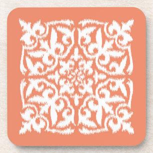 Dessous-de-verre Ikat damask motif - corail orange et blanc