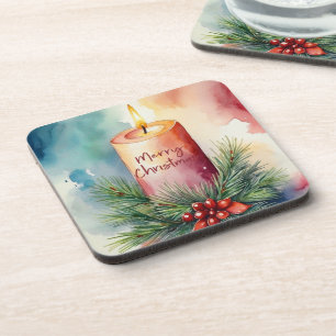 Dessous-de-verre Illustration de la bougie de Noël de l'aquarelle