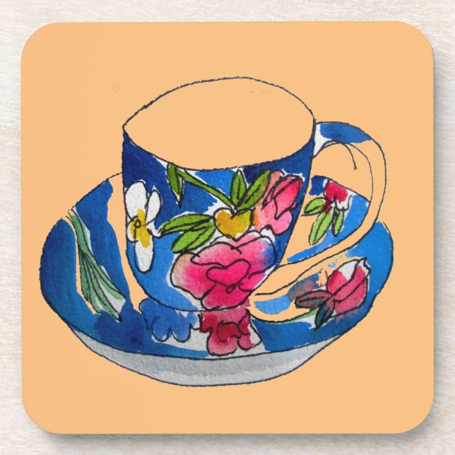 Dessous-de-verre illustration originale de l'aquarelle Teacups vint (Devant)