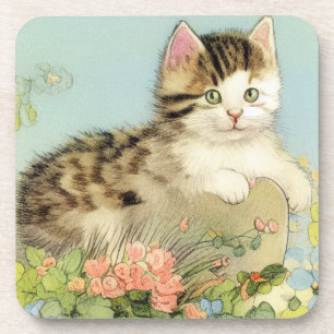 Dessous-de-verre Illustration vintage de chat avec fleurs roses