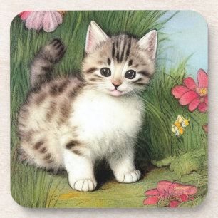 Dessous-de-verre Illustration vintage de chat avec Fleurs rouges