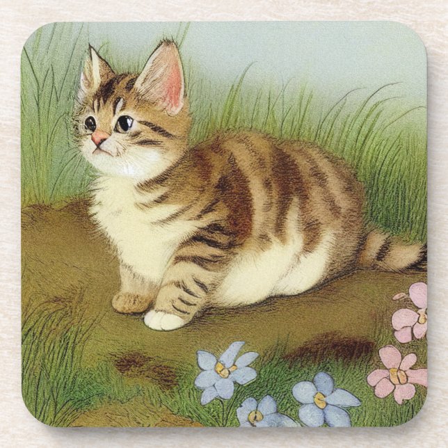 Dessous-de-verre Illustration vintage Kitten avec fleurs (Devant)
