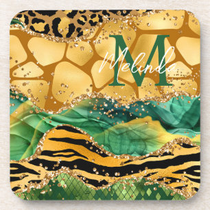 Dessous-de-verre Imprimé animalier safari or et vert Agate