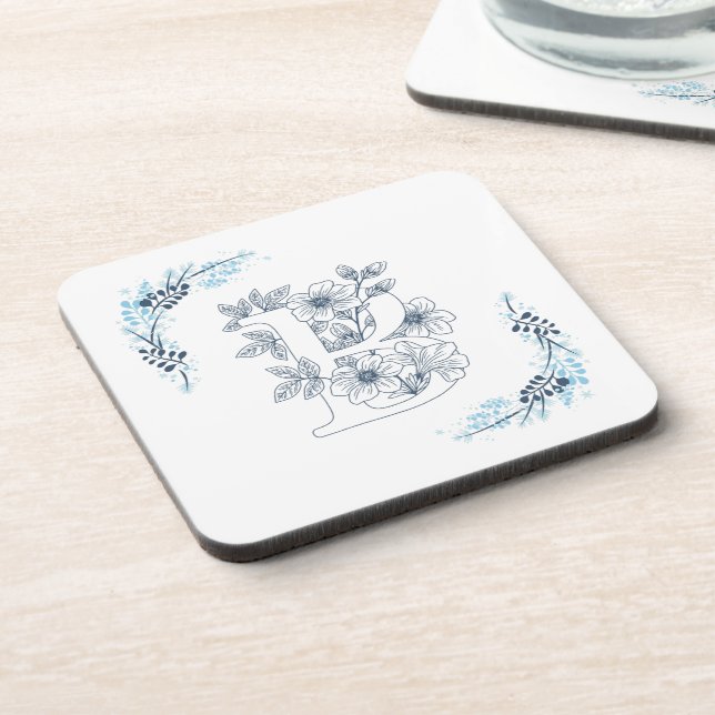 Dessous-de-verre Initiale "B" Monogramme bleu Calme Floral (Côté gauche)
