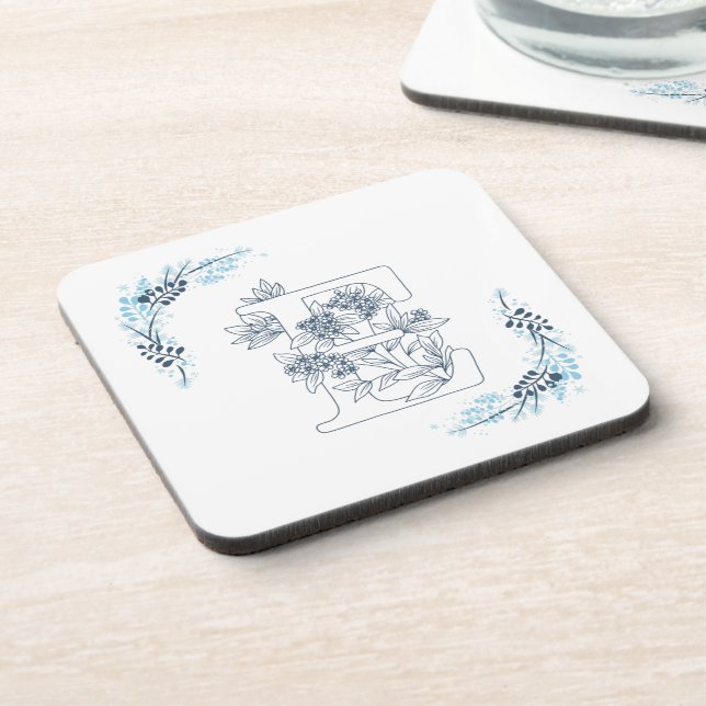 Dessous-de-verre Initiale "E" Monogramme bleu Calme Floral (Côté gauche)