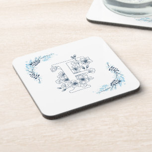 Dessous-de-verre Initiale "F" Monogramme bleu Calme Floral