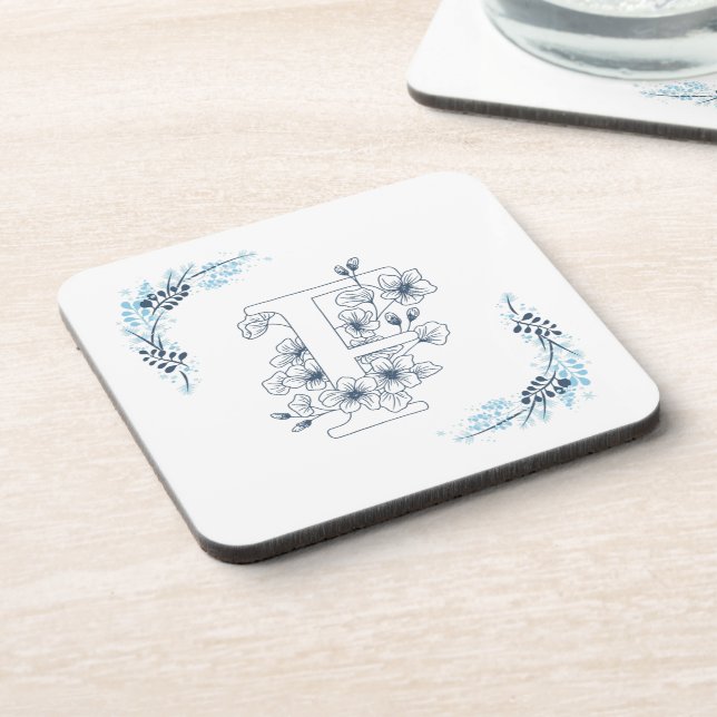 Dessous-de-verre Initiale "F" Monogramme bleu Calme Floral (Côté gauche)