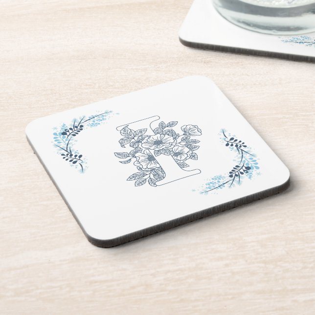 Dessous-de-verre Initiale "I" Monogramme Bleu Calme Floral (Côté gauche)