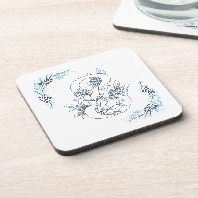 Dessous-de-verre Initiale "S" Monogramme bleu Calme Floral (Côté gauche)