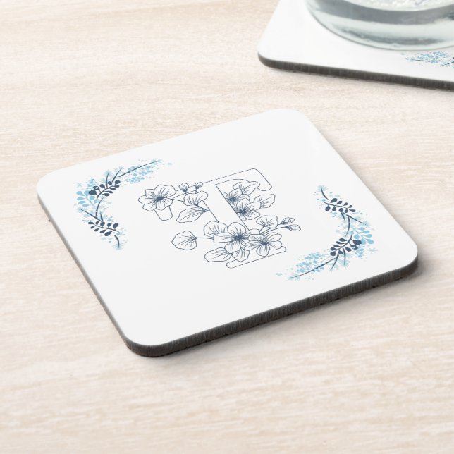 Dessous-de-verre Initiale "T" Monogramme bleu Calme Floral (Côté gauche)