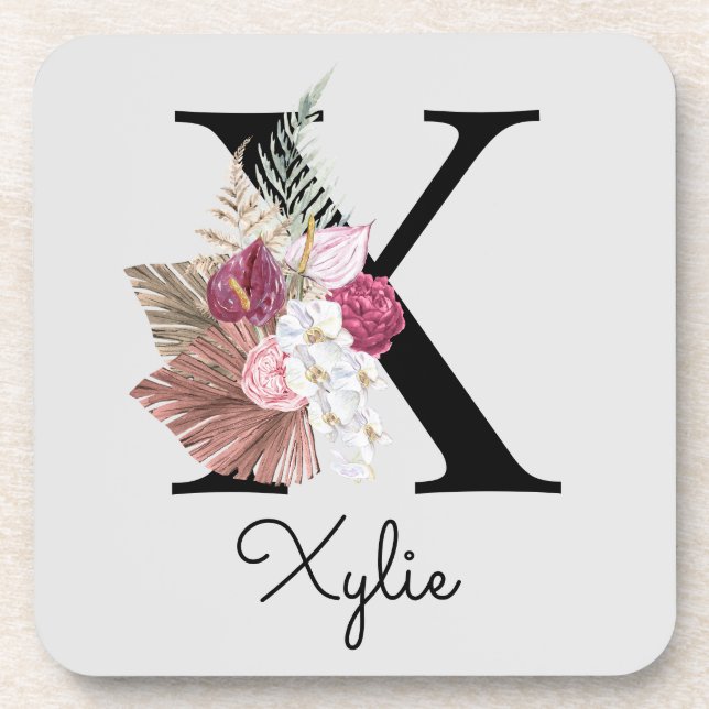 Dessous-de-verre Initiale X Brodé Monogramme Rose Bohème Floral (Devant)