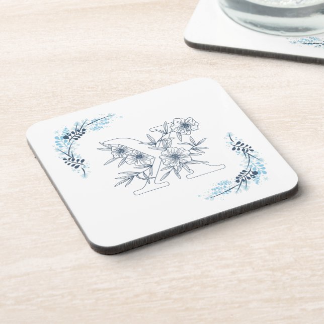 Dessous-de-verre Initiale "X" Monogramme Bleu Calme Floral (Côté gauche)