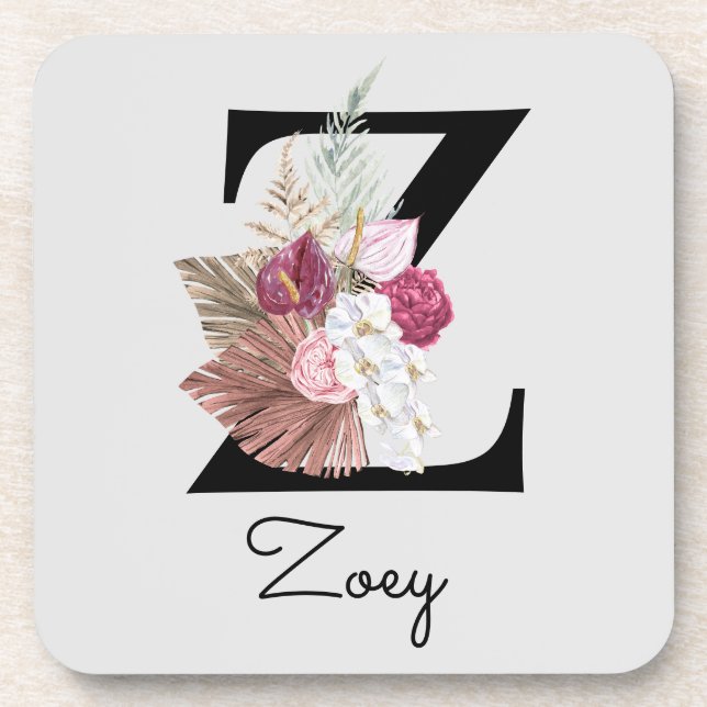 Dessous-de-verre Initiale Z Brodé Monogramme Rose Bohème Floral (Devant)