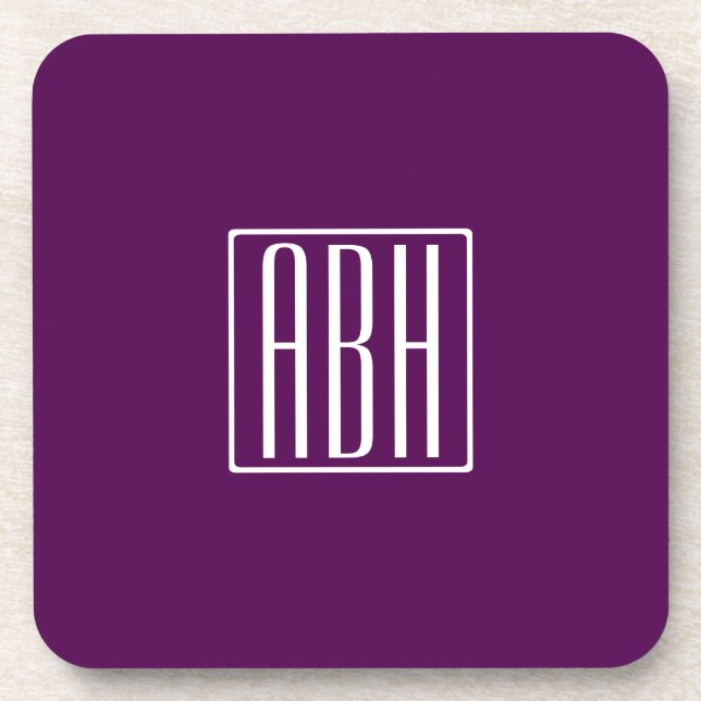 Dessous-de-verre Initiales Monogramme | Blanc Sur Violet Foncé (Devant)