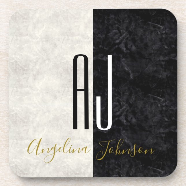 Dessous-de-verre Initiales Monogrammées Noir et Blanc Modernes (Devant)