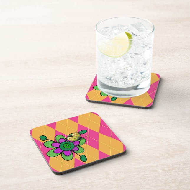 Dessous-de-verre Jacquard rose et orange chaud Ladybug & Flower (Côté Droit)