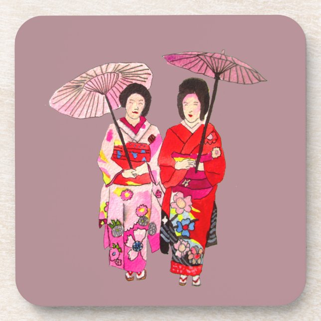 Dessous-de-verre Japonais mignon Geisha avec kimono rose (Devant)