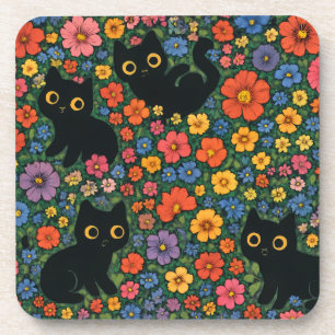 Dessous-de-verre Jardin d'art Kawaii Motif floral de chat noir mi