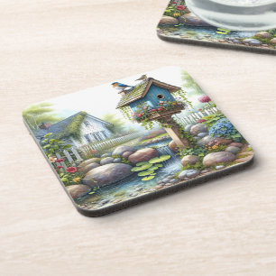 Dessous-de-verre Jardin de maisonnette à l'aquarelle avec nichoir à