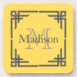 Dessous-de-verre Jaune Moutarde Gris Bordure Géométrique Monogramme